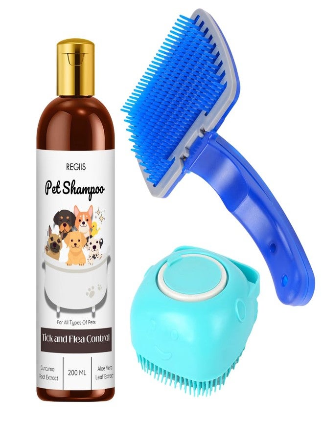 REGIIS Pet Shampoo and Grooming Kit, Tick and Flea Control Formula with Curcuma Extract, 200ml, Blue Brush Set(3 Pack) - Image 1